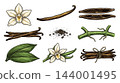 Colored vanilla plant branch and dried bean botanical engraving. 144001495