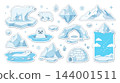 A collection of polar bear illustrations with icebergs and arctic landscape elements. . 144001511