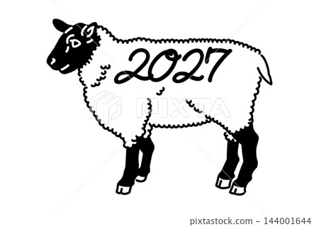 一幅以黑色線條和年份 2027 繪製的綿羊全身插圖。 一幅以黑色線條和年份 2027 繪製的綿羊全身插圖。 144001644