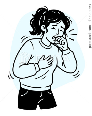 Seasonal Cold. Cough Symptoms, Sick woman Coughing into Her Fist with Chest Pain, Hand Drawn Illustration for Flu Season, Respiratory Illness, Healthcare and Cold Prevention Seasonal Cold. Cough Symptoms, Sick woman Coughing into Her Fist with Chest Pain, Hand Drawn Illustration for Flu Season, Respiratory Illness, Healthcare and Cold Prevention 144002265