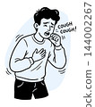 Seasonal Cold and Cough Symptoms, Sick Man Coughing into His Fist with Chest Pain, Hand Drawn Illustration for Flu Season, Respiratory Illness, Healthcare and Cold Prevention 144002267