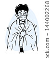 Sick Man Wearing Medical Face Mask and Wrapped in Blanket, Shivering with Fever and Cold Symptoms, Hand Drawn Illustration for Healthcare, Illness, Flu Prevention and Medical Awareness 144002268