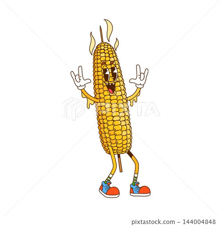 Cartoon groovy barbecue grilled corn cob character 144004848