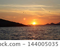 Seagulls flying at golden sunset over Adriatic Sea with double sun lens flare 144005035