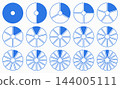 Circle division on from 1 to 15 equal parts. Wheel life round divided diagrams segments. Simple blank infographic progress blue icons. Coaching tool. Segmented flat pinwheels. 144005111