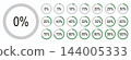 Percentage infographics flat elements. Round diagrams icons for infographics from 0 to 100 percent layouts. Green, grey color fill pie charts indicator templates. Circle simple graph loading progress. 144005333