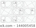 Set of Golden ratio simple frames. Fibonacci array, numbers templates. Method golden section shapes layouts. Harmony proportions grid mockups. Outline graphic illustration. 144005458