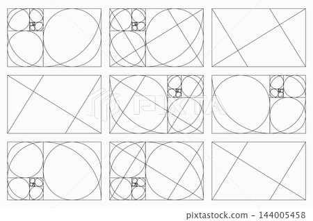 Set of Golden ratio simple frames. Fibonacci array, numbers templates. Method golden section shapes layouts. Harmony proportions grid mockups. Outline graphic illustration. Set of Golden ratio simple frames. Fibonacci array, numbers templates. Method golden section shapes layouts. Harmony proportions grid mockups. Outline graphic illustration. 144005458