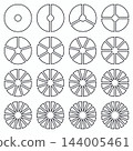 Circle division on from 1 to 16 equal parts. Outline wheel round divided diagrams from one to sixteen equal segments infographics. Various number of sectors divide circle. Set of Coaching blanks. 144005461