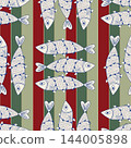 Seamless Pattern of funny Sardines wrapped in Christmas lights on red and green striped background. Holiday fish background, vector illustration. 144005898