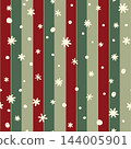Christmas seamless pattern with simple doodle snowflakes on striped red and green background. Vector winter forest, hand drawn print for fashion, fabric, wrapping paper 144005901