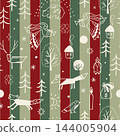 Fairy Christmas seamless pattern with outline winter forest icons and angels on vintage red and green striped background. Festive Xmas illustration. 144005904