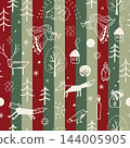 Fairy Christmas seamless pattern with outline winter forest icons and angels on vintage red and green striped background. Festive Xmas illustration 144005905