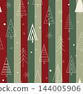 Christmas seamless pattern with simple abstract fir trees on striped red and green background. Vector winter forest, hand drawn print for fashion, fabric, wrapping paper 144005906