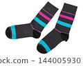 Pair of dark grey cotton socks with colorful stripes isolated on white background, casual footwear mockup 144005930