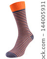 Striped colorful cotton sock isolated on white background, modern casual footwear mockup 144005931