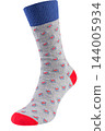 Patterned cotton sock with blue top and red heel and toe isolated on white background, modern casual footwear mockup 144005934