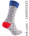 Patterned cotton sock heel view with red heel isolated on white background, casual wear textile accessory mockup 144005935