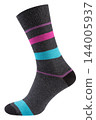 Dark grey cotton sock with wide colorful stripes isolated on white background, casual footwear mockup 144005937