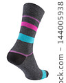 Dark grey cotton sock heel view with colorful stripes isolated on white background, casual wear textile accessory mockup 144005938
