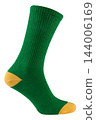 Green cotton sports sock with yellow heel and toe isolated on white background, casual athletic footwear mockup 144006169