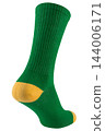 Green cotton sports sock heel view with yellow heel isolated on white background, athletic wear textile accessory mockup 144006171
