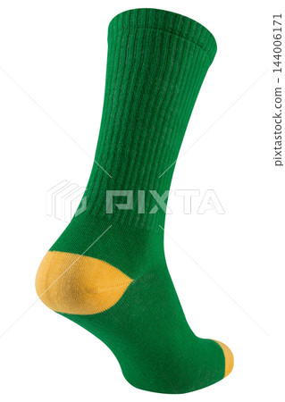 Green cotton sports sock heel view with yellow heel isolated on white background, athletic wear textile accessory mockup 144006171