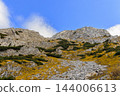 rocky scree path cuts through golden grasses and low shrubs toward pale limestone ridges, with scattered clouds crossing the vivid blue sky 144006613