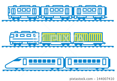 一套簡單的鐵路圖標,包括火車、貨運列車和新幹線式車輛。 一套簡單的鐵路圖標,包括火車、貨運列車和新幹線式車輛。 144007410