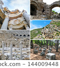 Travel collage of ancient heritage sites featuring ruined marble columns stone arches and lycian rock tombs in square frame 144009448