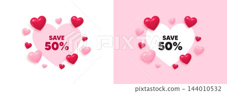 Discount heart shaped banner. 3d flying hearts. Save 50 percent off tag. Sale Discount offer price sign. Special offer symbol. Valentines day greeting card. Cute 3d love hearts. Vector Discount heart shaped banner. 3d flying hearts. Save 50 percent off tag. Sale Discount offer price sign. Special offer symbol. Valentines day greeting card. Cute 3d love hearts. Vector 144010532