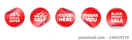 Discount sticker tag. Season sale, Black friday paper price banners. 35 percent discount offer tag. Sale price promo sign. Special offer symbol. Thank you sticker. Vector Discount sticker tag. Season sale, Black friday paper price banners. 35 percent discount offer tag. Sale price promo sign. Special offer symbol. Thank you sticker. Vector 144010570