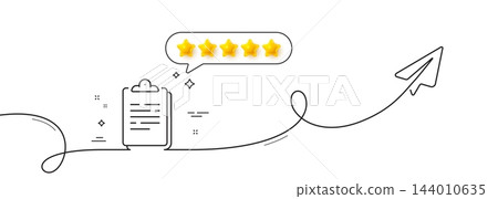 Clipboard document line icon. Continuous line with share plane. Agreement file sign. Survey record symbol. Five star rate review in speech bubble. Clipboard single line ribbon. Vector Clipboard document line icon. Continuous line with share plane. Agreement file sign. Survey record symbol. Five star rate review in speech bubble. Clipboard single line ribbon. Vector 144010635
