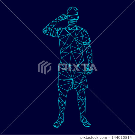 Man pointing at the temple with a finger silhouette front view Need thinking concept icon black color illustration in circle round low poly triangulation triangulated polygonal electric cyan blue 144010814