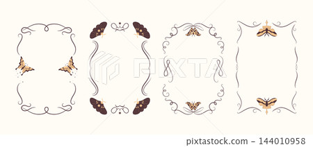 Calligraphic frames decorated with butterflies and celestial elements. Magical borders set. Vector illustration 144010958