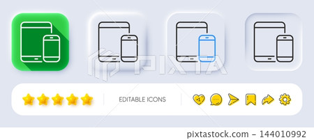 Mobile Devices icon. Neumorphic, Flat shadow, 3d buttons. Smartphone and Tablet PC signs. Touchscreen gadget symbols. Line mobile devices icon. Social media icons. Vector 144010992