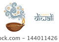 Happy Diwali Festival of Lights India Celebration colorful template. Graphic banner design of Indian Diya Oil Lamp, hand drawn Design, copy space for text. Vector isolated on white background 144011426