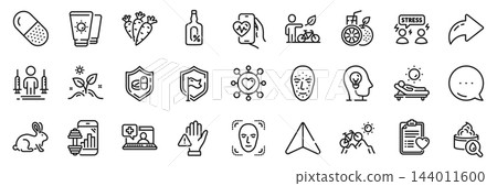 Orange juice, Lounger and Mental health line icons pack. Share, Message, Paper plane icons. Capsule pill, Coronavirus injections, Grow plant web icon. Vector 144011600