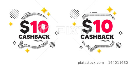 Cashback chat speech bubble. Social media concept. 10 Usd cashback. Money back offer sign. Cash back promo symbol. 3d flare stars chat bubble. Vector Cashback chat speech bubble. Social media concept. 10 Usd cashback. Money back offer sign. Cash back promo symbol. 3d flare stars chat bubble. Vector 144011680