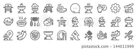 Grill line icons. Settings gear, Message, Inflation icons. Salmon meat steak, Bbq smoker and Fire cooking set. Gas-fueled grill, hot pan and barbecue sausage icons. Vector Grill line icons. Settings gear, Message, Inflation icons. Salmon meat steak, Bbq smoker and Fire cooking set. Gas-fueled grill, hot pan and barbecue sausage icons. Vector 144011999