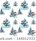 Seamless pattern of Snowman near a Christmas tree. Watercolor illustration of winter forest and cute snowman. Winter forest background. Wallpaper of snowy fir trees. Snowy landscape 144012333