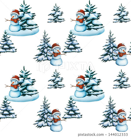 Seamless pattern of Snowman near a Christmas tree. Watercolor illustration of winter forest and cute snowman. Winter forest background. Wallpaper of snowy fir trees. Snowy landscape Seamless pattern of Snowman near a Christmas tree. Watercolor illustration of winter forest and cute snowman. Winter forest background. Wallpaper of snowy fir trees. Snowy landscape 144012333