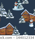 Seamless winter pattern with cozy snowy cabins, cheerful snowmen, and snow-covered evergreen trees. Watercolor illustration of winter forest. Wallpaper of snowy fir trees. Snowy landscape 144012334