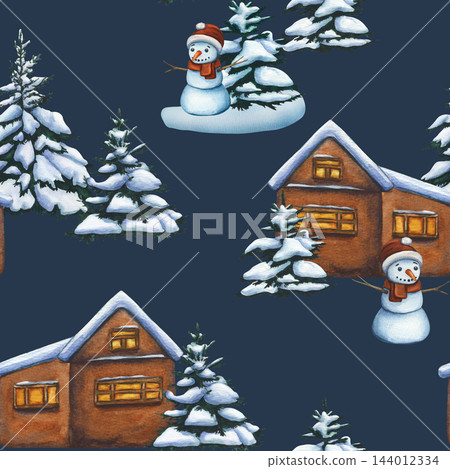 Seamless winter pattern with cozy snowy cabins, cheerful snowmen, and snow-covered evergreen trees. Watercolor illustration of winter forest. Wallpaper of snowy fir trees. Snowy landscape 144012334