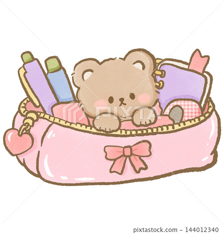 Cute Chibi Brown Teddy Bear Peeking Out of a Pastel Pink Pencil Case Filled with Colorful Pens and Pencils and School Supplies Decorated with a Sweet Pink Bow and Heart Charm Kawaii Illustration Cute Chibi Brown Teddy Bear Peeking Out of a Pastel Pink Pencil Case Filled with Colorful Pens and Pencils and School Supplies Decorated with a Sweet Pink Bow and Heart Charm Kawaii Illustration 144012340