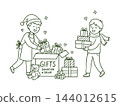 Christmas Charity Gift Donation Drive with Volunteers and Wrapped Presents, Hand Drawn Line Art Illustration 144012615