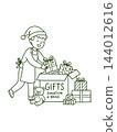 Christmas Gift Donation Box with Santa Hat Volunteer and Toys . Vector Line Art Illustration 144012616