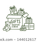 Christmas Gift Donation Box with Toys . Vector Line Art Illustration 144012617