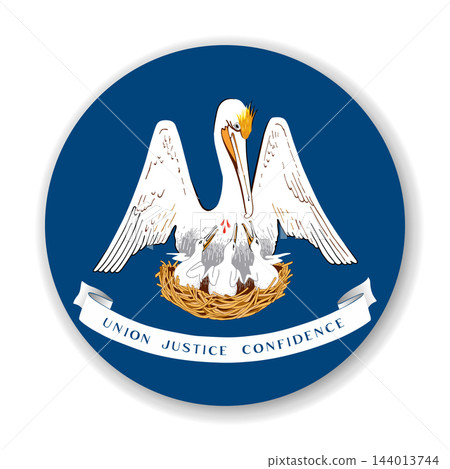 Louisiana state circle flag. Part of The United States of America. Clean design for print, web, or educational use. Vector illustration with dropped shadow on white background. Louisiana state circle flag. Part of The United States of America. Clean design for print, web, or educational use. Vector illustration with dropped shadow on white background. 144013744