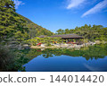 The historic Japanese garden buildings and their reflection in the pond stand out against the clear blue autumn sky. The historic Japanese garden buildings and their reflection in the pond stand out against the clear blue autumn sky. 144014420